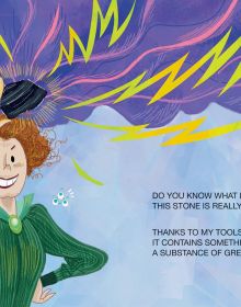 Book cover of Marie Curie and Her Energetic Discovery, Mini Genius, with a woman with ginger hair tied up in a bun, wearing a long green dress, and holding glass flask. Published by White Star.