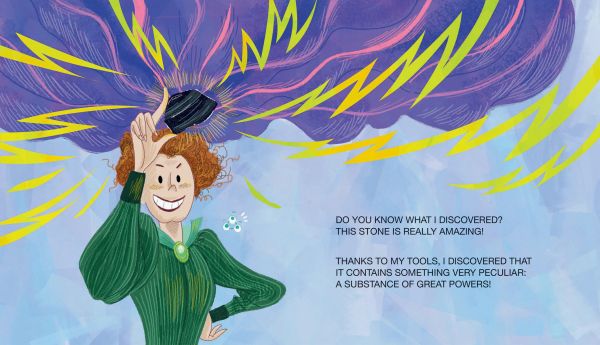 Book cover of Marie Curie and Her Energetic Discovery, Mini Genius, with a woman with ginger hair tied up in a bun, wearing a long green dress, and holding glass flask. Published by White Star.