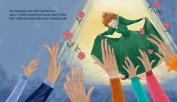 Book cover of Marie Curie and Her Energetic Discovery, Mini Genius, with a woman with ginger hair tied up in a bun, wearing a long green dress, and holding glass flask. Published by White Star.