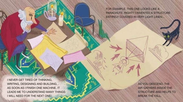 Man with large grey beard, in wine coloured robes, on green cover of 'Leonardo da Vinci and the Flying Machines, Mini Genius', by White Star.