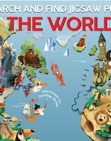Activity box of The World: Search and Find Jigsaw Puzzle, with continents of the world, with an Egyptian pyramid, a gorilla, and Elizabeth Tower in London. Published by White Star.