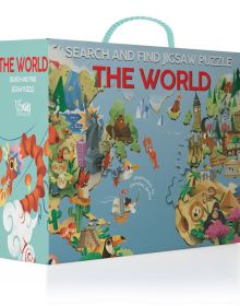 Continents of the world with an Egyptian pyramid, a gorilla, Elizabeth Tower, London, on activity box 'The World: Search and Find Jigsaw Puzzle', by White Star.