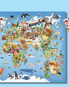 Activity box of The World: Search and Find Jigsaw Puzzle, with continents of the world, with an Egyptian pyramid, a gorilla, and Elizabeth Tower in London. Published by White Star.