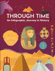 Book cover of Through Time, An Infographic Journey in History, with the golden statue of Pharaoh floating over Egyptian pyramids. Published by White Star.