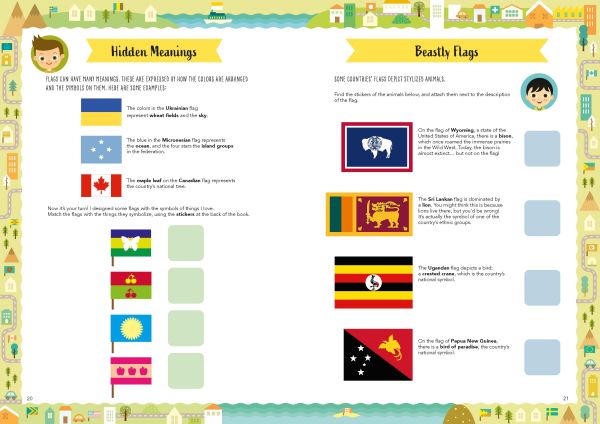 Book cover of Flags: Learn How to Read, Interpret and Create Flags, with a pirate ship with skull and cross bones flag, and other country flags and pencils. Published by White Star.