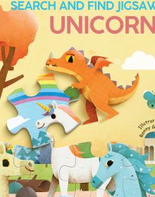 Jigsaw pieces with white and brown unicorns, on cover of activity box 'Unicorns: Search and Find Jigsaw Puzzle', by White Star.