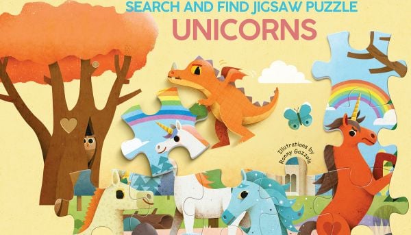 Activity box cover of Unicorns: Search and Find Jigsaw Puzzle, with jigsaw pieces featuring white and brown unicorns. Published by White Star.