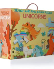 Jigsaw pieces with white and brown unicorns, on cover of activity box 'Unicorns: Search and Find Jigsaw Puzzle', by White Star.