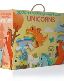Activity box cover of Unicorns: Search and Find Jigsaw Puzzle, with jigsaw pieces featuring white and brown unicorns. Published by White Star.