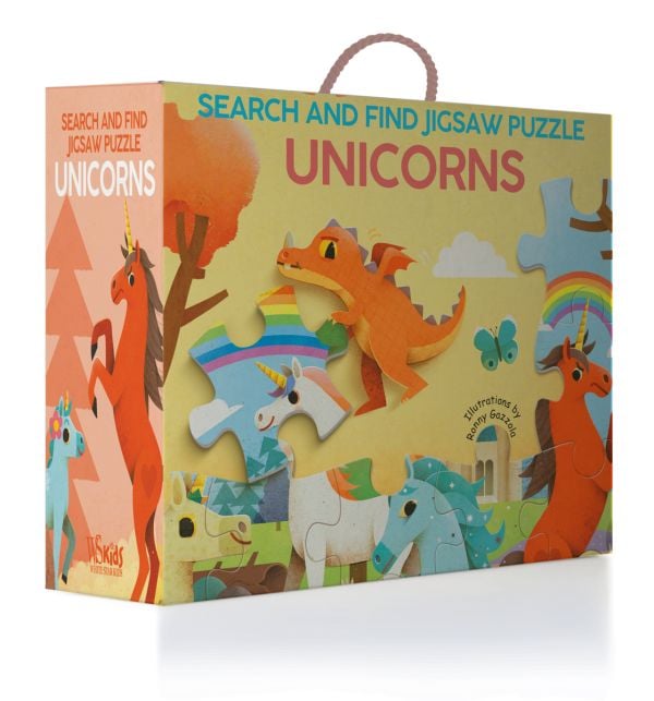 Activity box cover of Unicorns: Search and Find Jigsaw Puzzle, with jigsaw pieces featuring white and brown unicorns. Published by White Star.