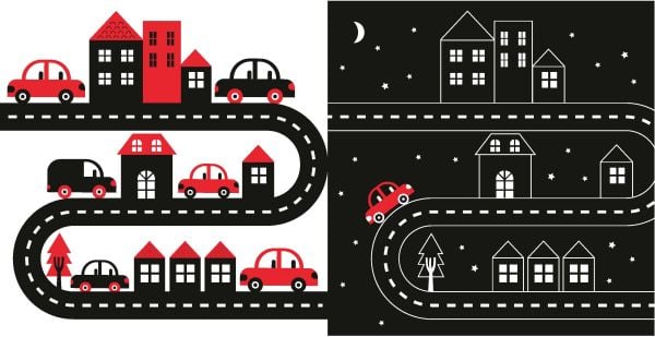 Book cover of From Day to Night, Baby's First Library, with a black owl, white cloud on red sun, and a black house. Published by White Star.