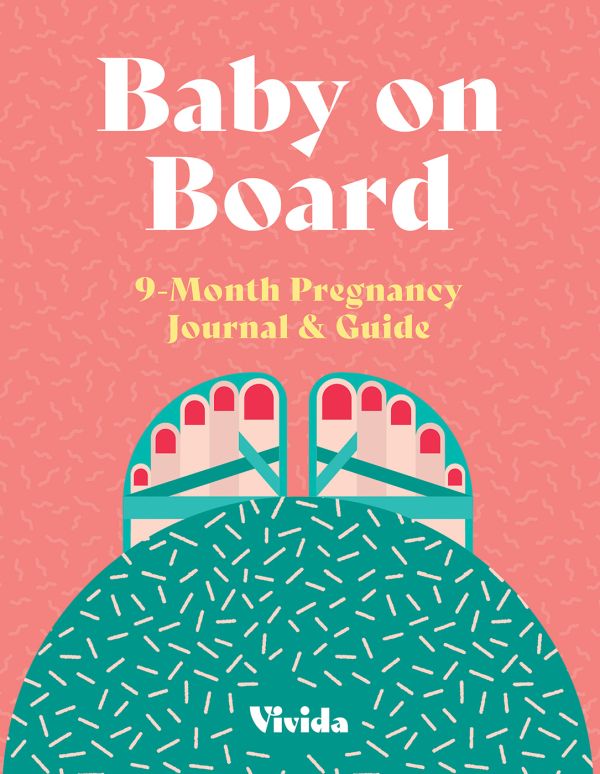 Book cover of Baby on Board, 9-Month Pregnancy Journal and Guide, with a view of pregnant mother looking down on her baby bump, and feet in sandals. Published by White Star.