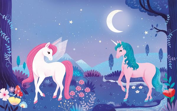 Book cover of Glittery Unicorns: Sticker Book, with a pink unicorn beneath rainbow,. Published by White Star.