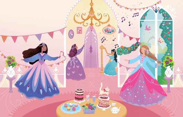 Book cover of Glittery Princesses: Sticker Book, with a princess in long blue dress, with long purple hair, and a pink castle behind. Published by White Star.