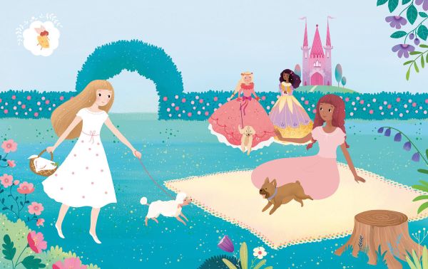 Book cover of Glittery Princesses: Sticker Book, with a princess in long blue dress, with long purple hair, and a pink castle behind. Published by White Star.