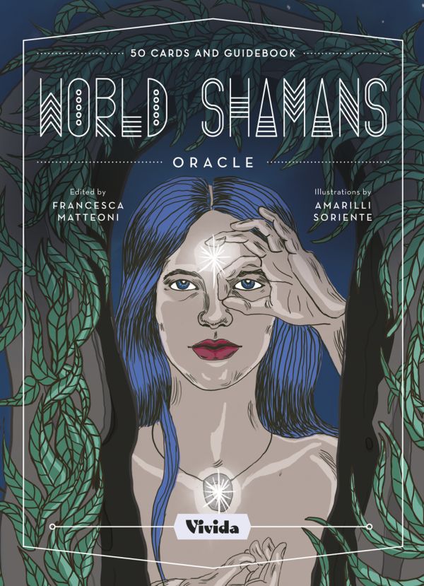 Book cover of World Shamans Oracle, 50 Cards and Manual, with a female with dark blue hair forming fingers into an 'o', over her left eye. Published by White Star.