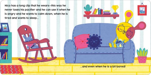 Book cover of Bye Bye Pacifier, Slide and Discover!, with a yellow rabbit in dungarees sitting on the grass holding a dummy. Published by White Star.