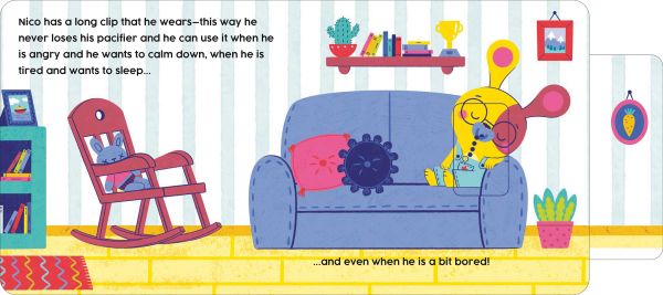 Book cover of Bye Bye Pacifier, Slide and Discover!, with a yellow rabbit in dungarees sitting on the grass holding a dummy. Published by White Star.