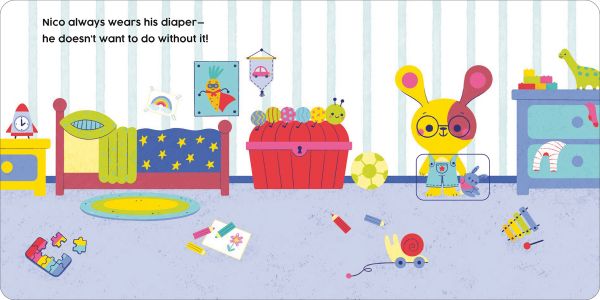 Book cover of Bye Bye Diaper, Slide and Discover!, with a bunny rabbit wearing a nappy, holding a toy. Published by White Star.
