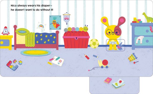Book cover of Bye Bye Diaper, Slide and Discover!, with a bunny rabbit wearing a nappy, holding a toy. Published by White Star.