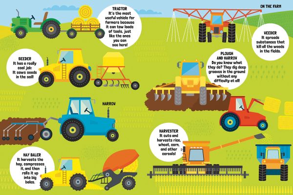 Book cover of My Huge Book of Vehicles, with: cars, bike, orange bus, hot air balloon, yellow truck, red tractor, and blue helicopter. Published by White Star.