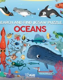 Underwater scene with a large whale, shark, sting ray, sea lion, penguin, on activity box 'Oceans: Search and Find Jigsaw Puzzle', by White Star.