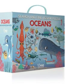Underwater scene with a large whale, shark, sting ray, sea lion, penguin, on activity box 'Oceans: Search and Find Jigsaw Puzzle', by White Star.