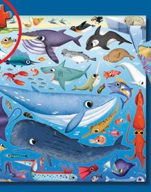 Underwater scene with a large whale, shark, sting ray, sea lion, penguin, on activity box 'Oceans: Search and Find Jigsaw Puzzle', by White Star.