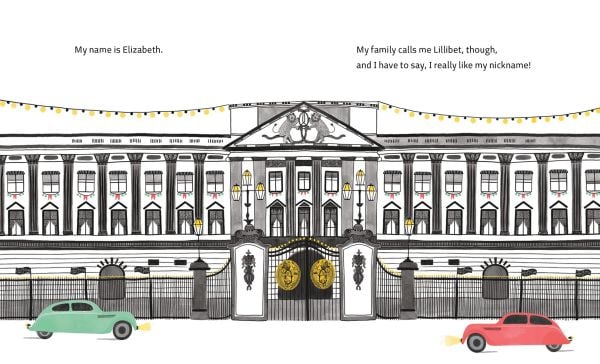 Book cover of Little Queen Elizabeth II, with a young queen sitting on a bench with a corgi by her side. Published by White Star.