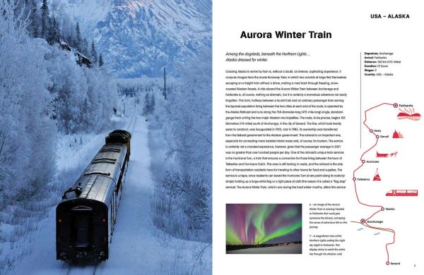 Book cover of Travel by Train, The Best Train Journeys in the World, with a train travelling over viaduct, with a mountainous landscape behind. Published by White Star.