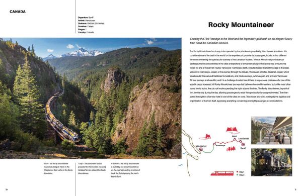 Book cover of Travel by Train, The Best Train Journeys in the World, with a train travelling over viaduct, with a mountainous landscape behind. Published by White Star.