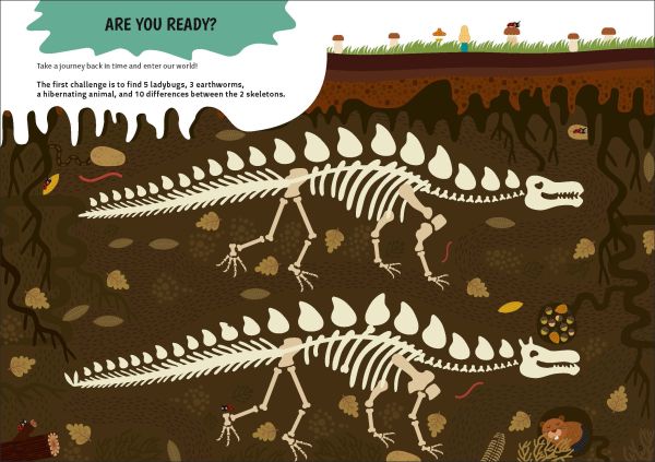 Book cover of Dinosaurs' Boredom Busters, Awesome Activities for Hours of Engaging Fun, with a variety of colourful prehistoric creatures hiding behind palm tree leaves. Published by White Star.