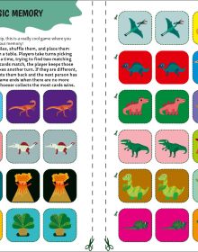 Book cover of Dinosaurs' Boredom Busters, Awesome Activities for Hours of Engaging Fun, with a variety of colourful prehistoric creatures hiding behind palm tree leaves. Published by White Star.