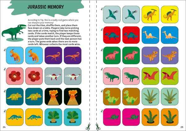 Book cover of Dinosaurs' Boredom Busters, Awesome Activities for Hours of Engaging Fun, with a variety of colourful prehistoric creatures hiding behind palm tree leaves. Published by White Star.
