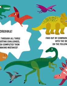 Book cover of Dinosaurs' Boredom Busters, Awesome Activities for Hours of Engaging Fun, with a variety of colourful prehistoric creatures hiding behind palm tree leaves. Published by White Star.