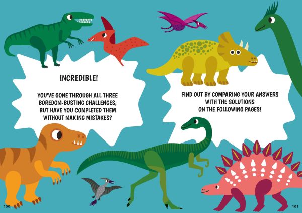 Book cover of Dinosaurs' Boredom Busters, Awesome Activities for Hours of Engaging Fun, with a variety of colourful prehistoric creatures hiding behind palm tree leaves. Published by White Star.