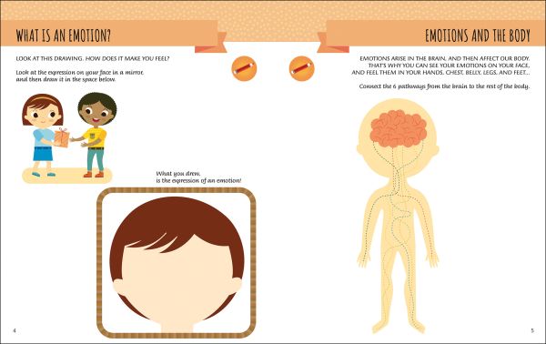 Book cover of My First Book of Feelings, Montessori Activity Book, with a girl with eyes closed, sitting cross-legged on floor, volcano below. Published by White Star.