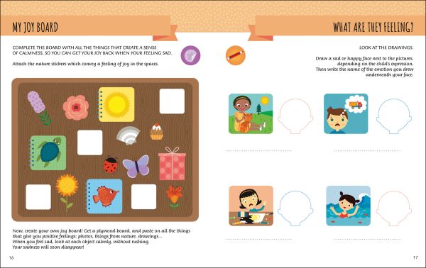 Book cover of My First Book of Feelings, Montessori Activity Book, with a girl with eyes closed, sitting cross-legged on floor, volcano below. Published by White Star.