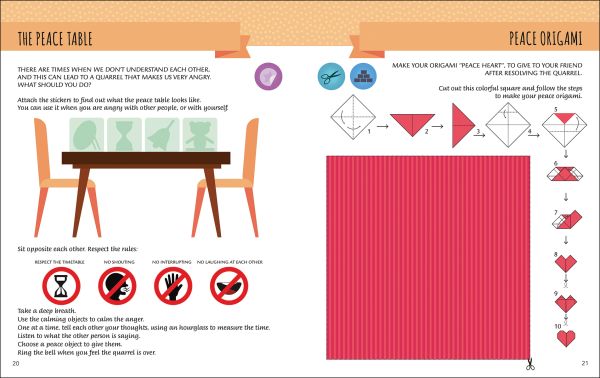 Book cover of My First Book of Feelings, Montessori Activity Book, with a girl with eyes closed, sitting cross-legged on floor, volcano below. Published by White Star.
