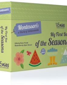 Activity box My First Box of Seasons, Montessori: A World of Achievements, with a pink flower, slice of watermelon, yellow wellington boots, and a snowy mountain. Published by White Star.