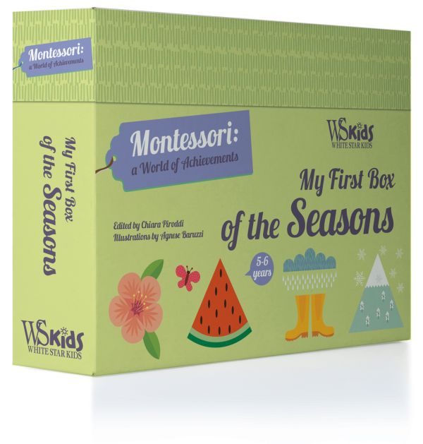 Activity box My First Box of Seasons, Montessori: A World of Achievements, with a pink flower, slice of watermelon, yellow wellington boots, and a snowy mountain. Published by White Star.