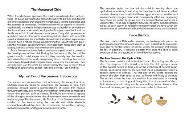 Activity box My First Box of Seasons, Montessori: A World of Achievements, with a pink flower, slice of watermelon, yellow wellington boots, and a snowy mountain. Published by White Star.