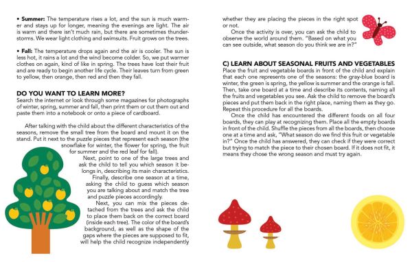 Activity box My First Box of Seasons, Montessori: A World of Achievements, with a pink flower, slice of watermelon, yellow wellington boots, and a snowy mountain. Published by White Star.