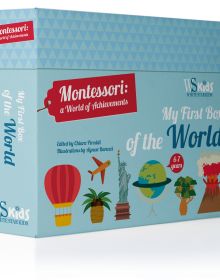 Book cover of My First Box of the World, Montessori: A World of Achievements, with a hot air balloon, the Statue of Liberty, a world globe, and an erupting volcano. Published by White Star.