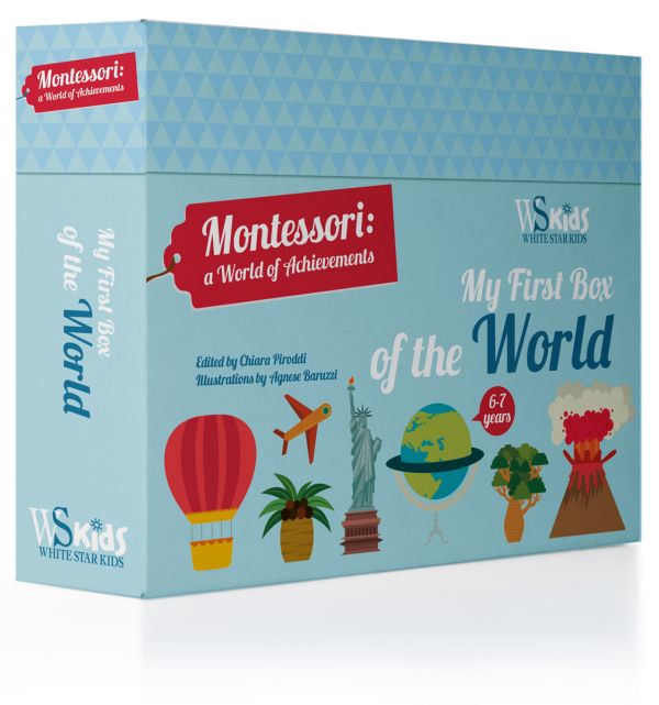 Book cover of My First Box of the World, Montessori: A World of Achievements, with a hot air balloon, the Statue of Liberty, a world globe, and an erupting volcano. Published by White Star.