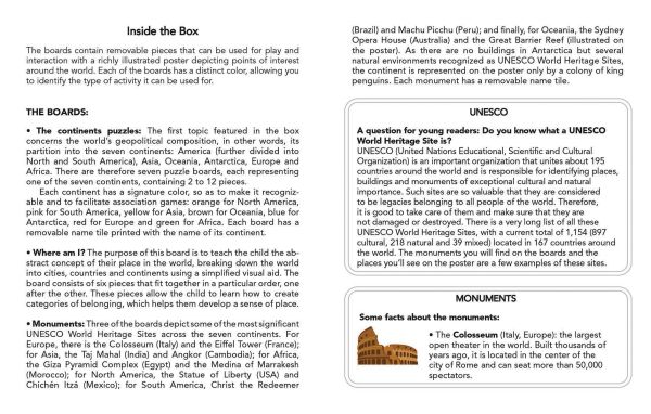 Book cover of My First Box of the World, Montessori: A World of Achievements, with a hot air balloon, the Statue of Liberty, a world globe, and an erupting volcano. Published by White Star.