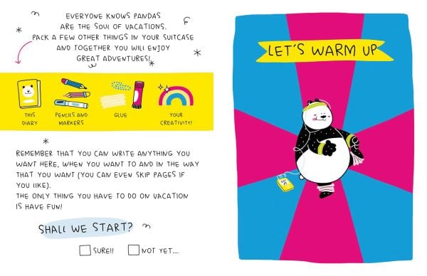 Book cover of This is a Travel Journal, Absolutely True, Slightly Made-Up, Completely Imagined, with a black and white panda wearing swimming cap and yellow duck rubber ring. Published by White Star.