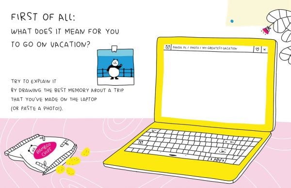 Book cover of This is a Travel Journal, Absolutely True, Slightly Made-Up, Completely Imagined, with a black and white panda wearing swimming cap and yellow duck rubber ring. Published by White Star.