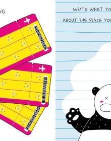 Book cover of This is a Travel Journal, Absolutely True, Slightly Made-Up, Completely Imagined, with a black and white panda wearing swimming cap and yellow duck rubber ring. Published by White Star.