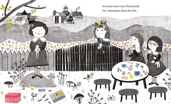 Book cover of Little Coco Chanel, with a young fashion designer sewing at a desk. Published by White Star.